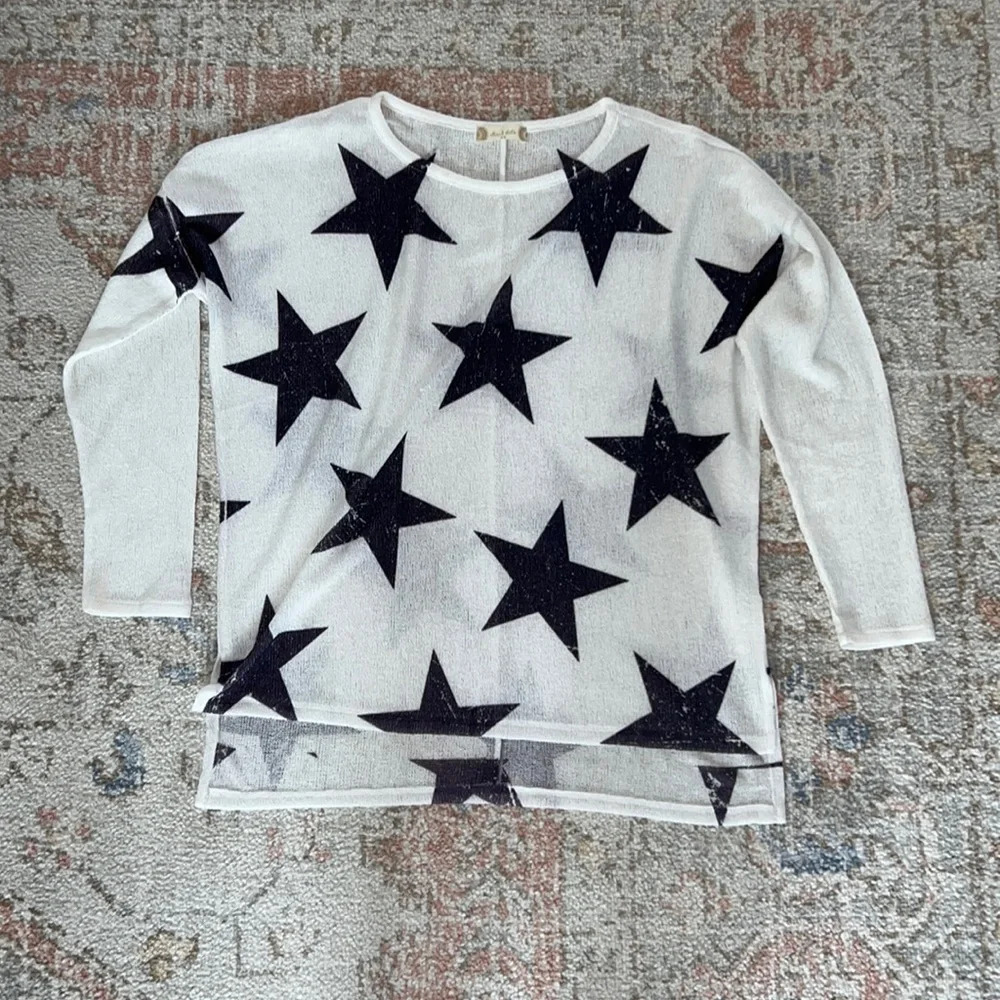 Star Print Long Sleeve Sweater Top Memorial Day 4th of July Starry Oversized - Picture 2 of 11